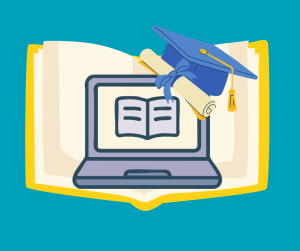 open book with laptop and scholar hat 