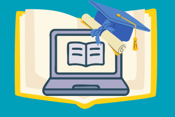 open book with laptop and scholar hat 